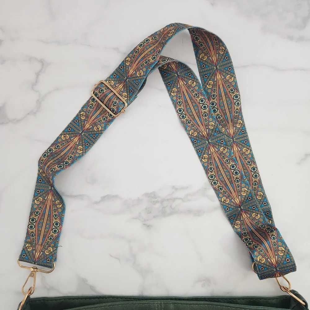 Unisex Army Green Tote Bag with Patterned Boho Strap - Picture 7 of 16